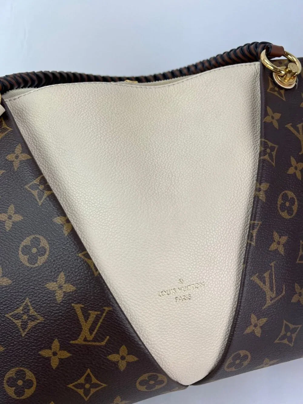 Louis Vuitton Braided V Tote MM Cream Leather Canvas Shoulder Hand Bag